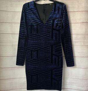 Cefian Blue Geometric Glitter Velvet Long Sleeve V-Neck Bodycon Mini Dress Large